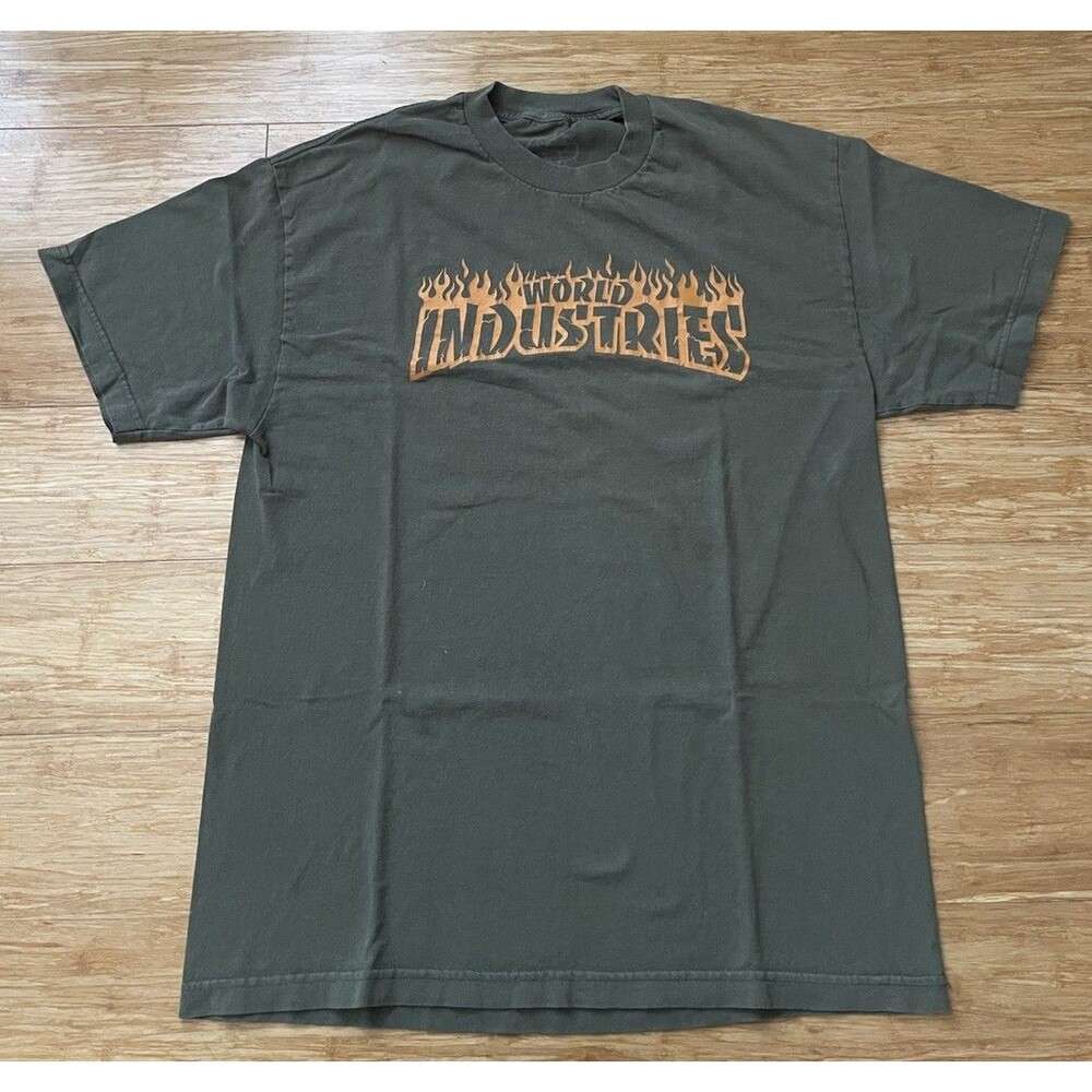 World Industries Flame Logo T Shirt Mens L Olive Green Skate Tee Devil Head Y2K